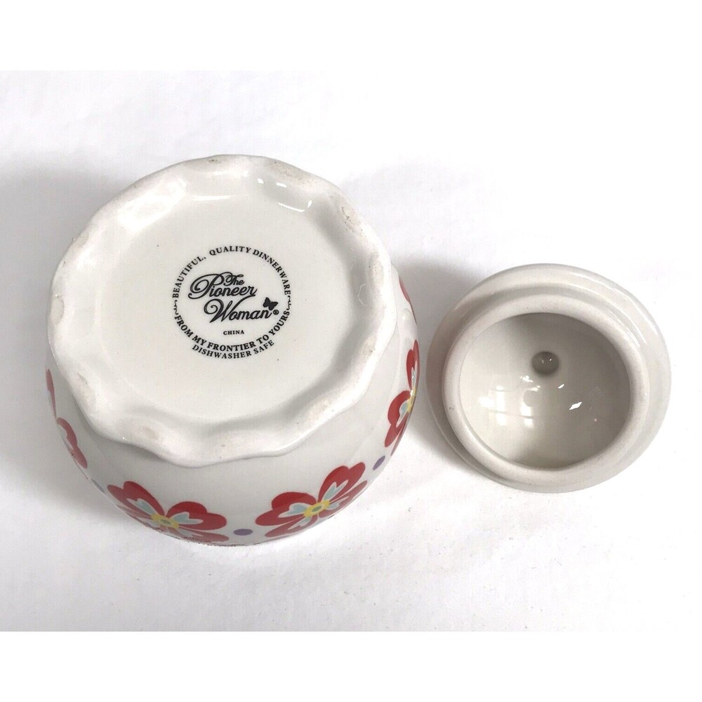Pioneer Woman Ceramic Sugar Bowl & Lid Red Floral Retro Canister Flea Market - Picture 4 of 5
